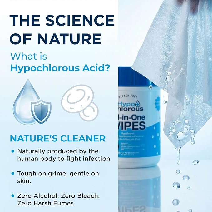 Hypochlorous Acid Wipes – 100 Count Non-Toxic Cleaner for Skin, Baby, Pet, Home & Gym – Bleach-Free