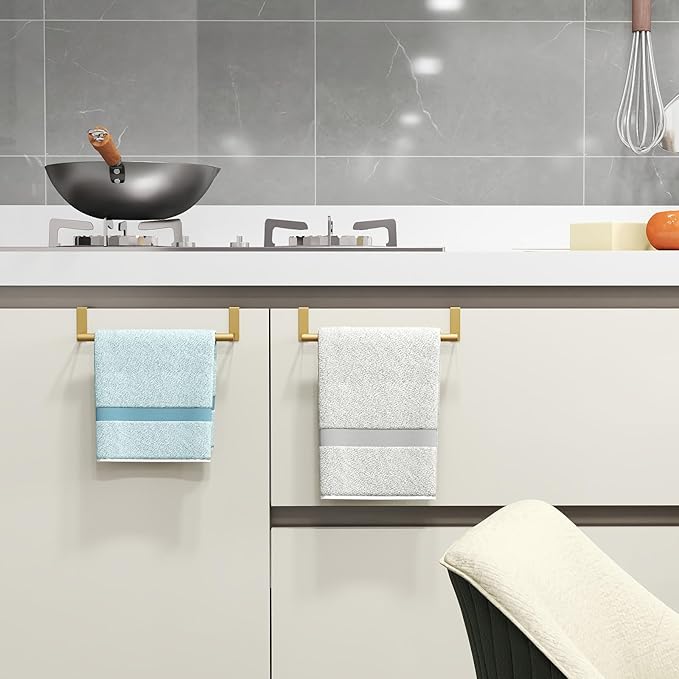 STWWO Over The Door Towel Rack, Kitchen Towel Holder Over Cabinet Door Towel Bar Stainless Steel for Cupboard for Kitchen Dish Towel Holder Hanger Rv Towel Rack, 2 Pack (Gold)