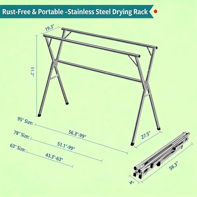 Foldable Clothes Drying Rack, Stainless Steel Laundry Drying Rack | Adjustable 56.3"-95", 20 windproof hooks, heavy-duty rustproof, folds compactly, indoor/outdoor use