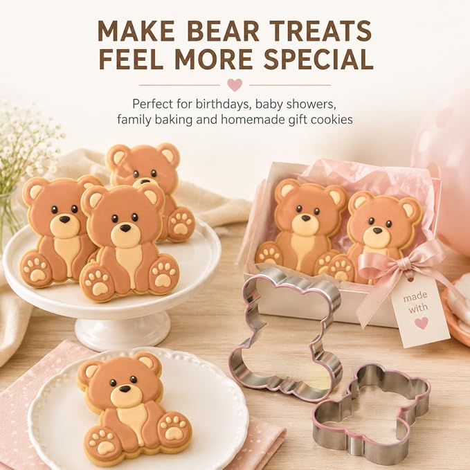 LUBTOSMN Bear Cookie Cutter, 3.5 Inch Silicone Rim Baking Cutter | Dishwasher-safe stainless steel cutter for cookies, fondant, sandwiches, bear parties and home baking treats.