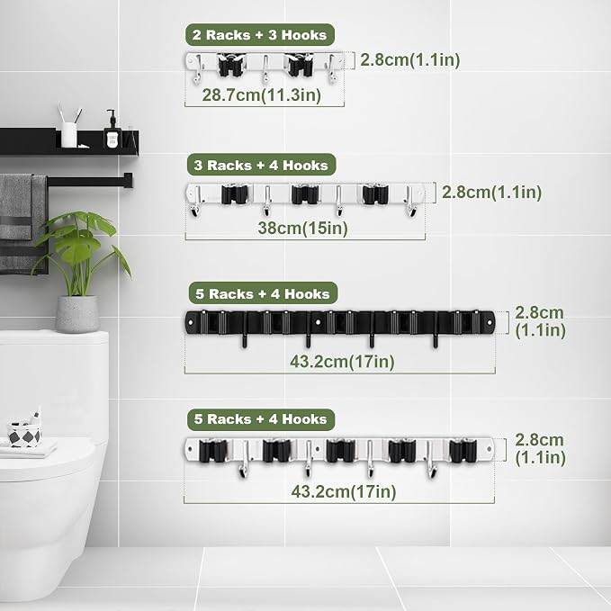 AceMining 5 Racks and 4 Hooks Mop and Broom Holder Wall Mount, Broom Organizer Storage Tool Racks Stainless Steel Heavy Duty Hooks Self Adhesive Solid Non-slip for Home Kitchen Garden Laundry Garage