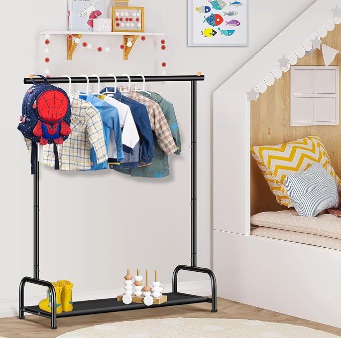 SLEEPING LAMB Kids Clothing Rack, Small Baby Clothes Rack with Bottom Storage Shelf, Toddler Clothes Hanger Rack with Bottom Storage Clothing Racks for hanging Clothes, Black
