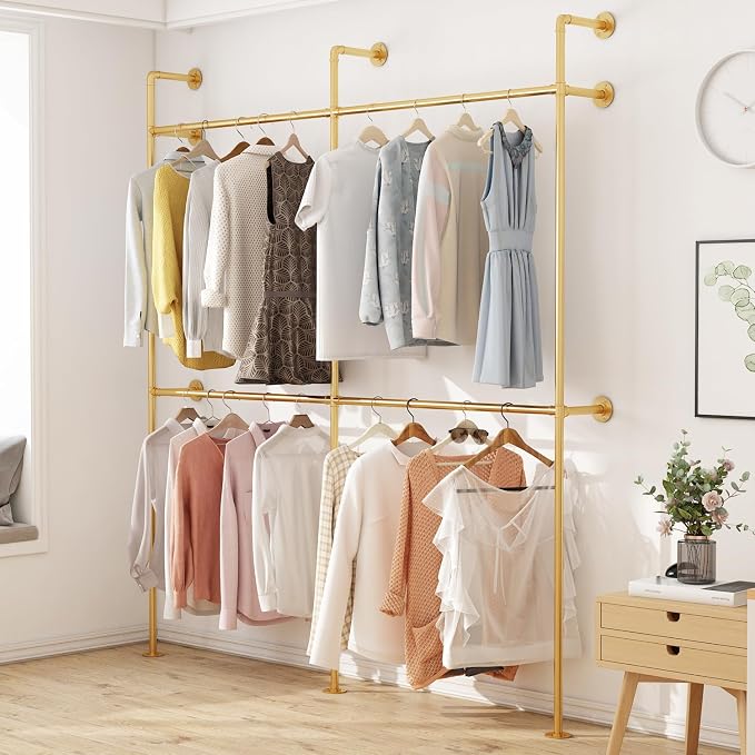 ORSENIGO Industrial Pipe Clothing Rack, Heavy Duty Metal Clothes Rack with Double Rods for Hanging Clothes, Wall Mount Space-Saving Garment Display Rack (Double, Gold)