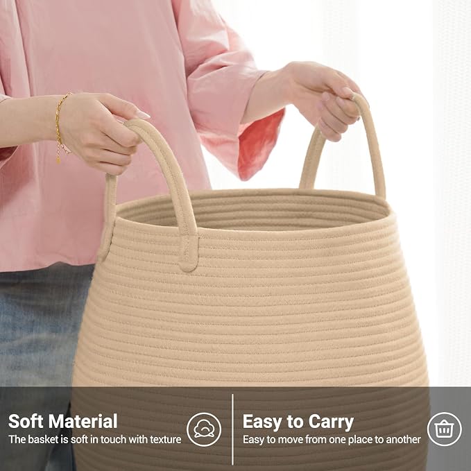 Large Laundry Hamper Basket 65L Woven Blanket Basket, Brown | Tall Clothes Hamper, Rope Wicker Laundry Basket, Storage Basket for Toys, Dirty Cothes in Bedroom, Living Room Organizer