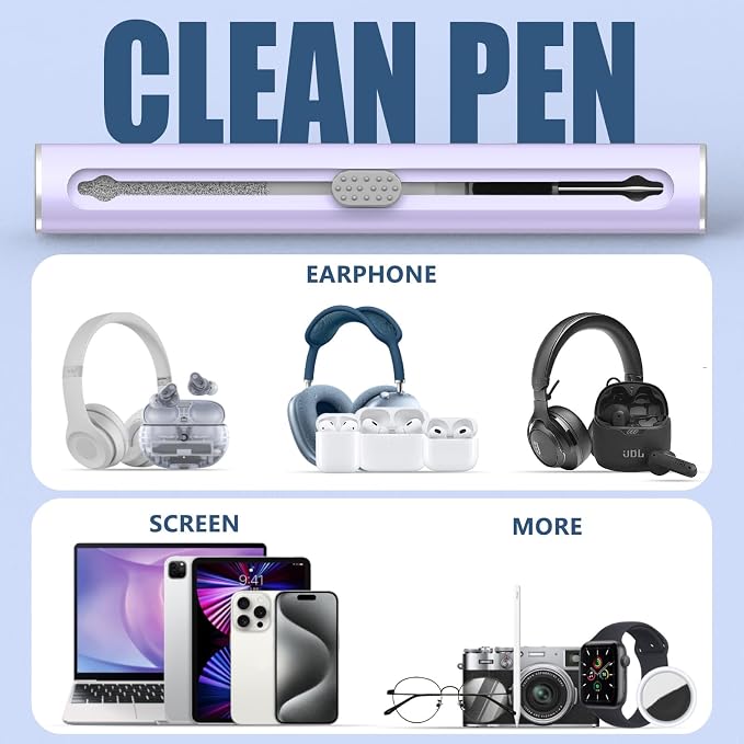Inesore Multi Cleaning Kit for AirPods & All Bluetooth Earbuds (Purple) | Metal Tip, High-Density Soft Brush, Flocked Sponge Tip, 3 in 1 Design, Compact & Lightweight, Easy Operation, Easy to Carry