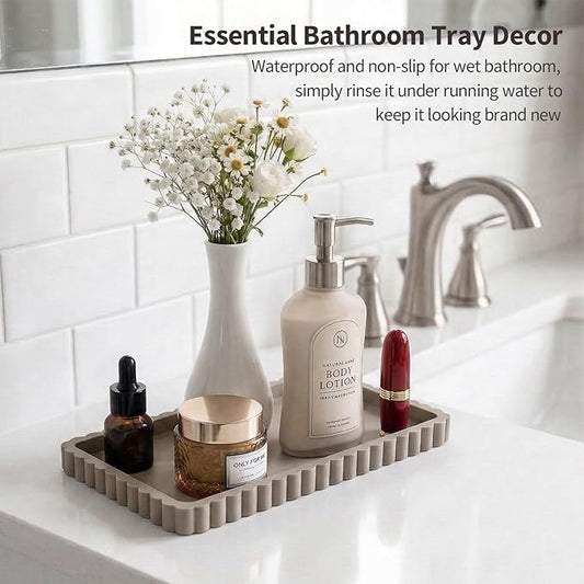 Silicone Bathroom Vanity Tray, Sink Caddy for Dish Soap Dispenser, Sponge Holder for Kitchen Sink, Rectangle Bathroom Countertop Organizer for Perfume, Jewelry, Candle (9.9” * 6”, Khaki)