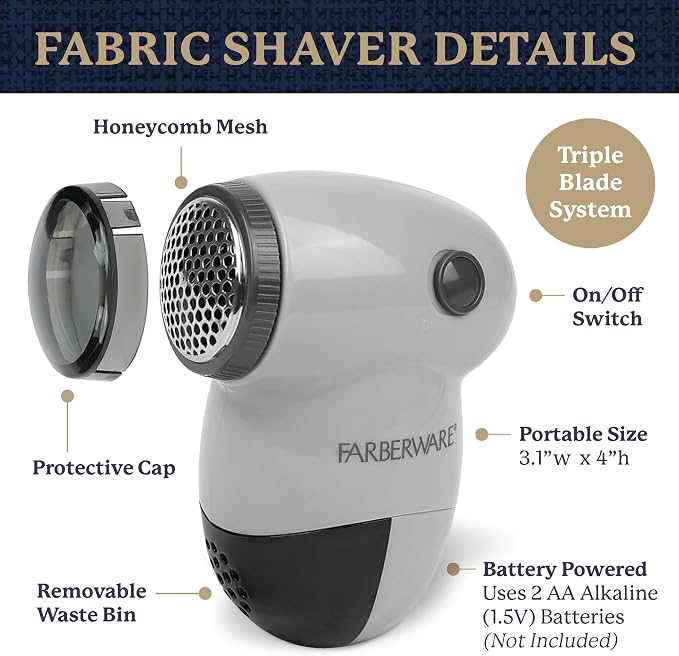 Farberware Fabric Shaver & Lint Remover for Clothing, Small, Portable | Triple blade sweater shaver removes pilling, fuzz, and lint balls from clothes, couch, and furniture, battery operated