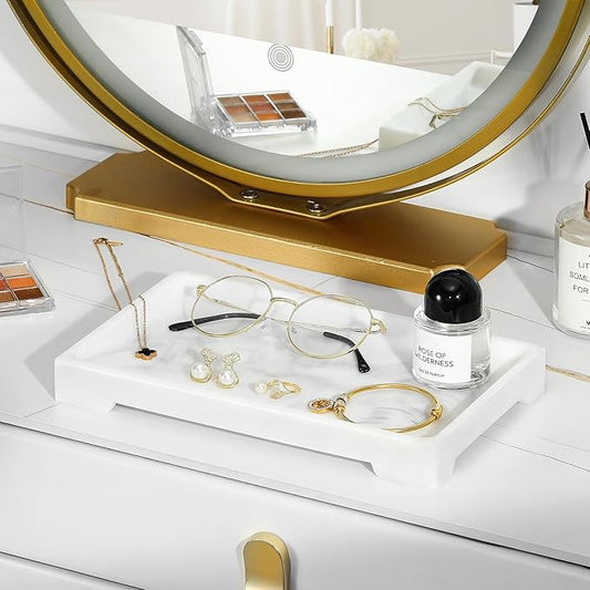 Luxspire Resin Vanity Tray, Bathroom Toilet Tank Storage Tray, 10.03 x 5.9 in Kitchen Sink Trays Decorative Serving Tray, Vanity Countertop Organizer for Makeup Towel Perfume Holder, M, White Marble