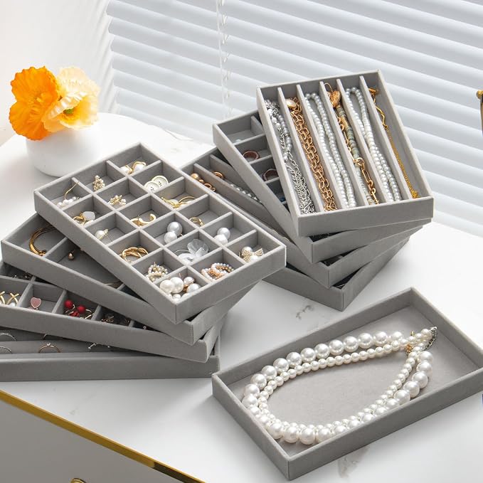 SPAKOWN Stackable Jewelry Organizer Trays Set of 9, Small Velvet Jewelry Organizers Earring Necklace Ring Bracelet Display Case Storage for Drawer Dresser (Grey)
