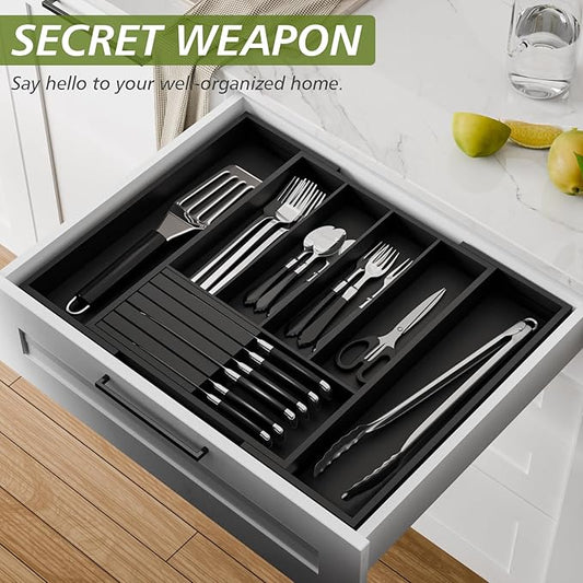 Bamboo Kitchen Silverware Drawer Organizer - Expandable Wood Utensil Holder with Dividers, Luxury Cutlery Storage Tray for Kitchen Utensil and Flatware (5-7 Slots with Removable Knife Block, Black)
