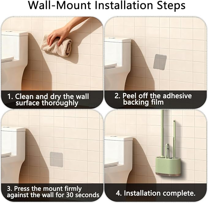 4 in 1 Toilet Cleaner Brush Toilet Bowl Brush and Holder Set Silicone Toilet Brush,Stuff Floor Standing or Wall Mounted Toilet Scrubber Without Drilling (Light Green)