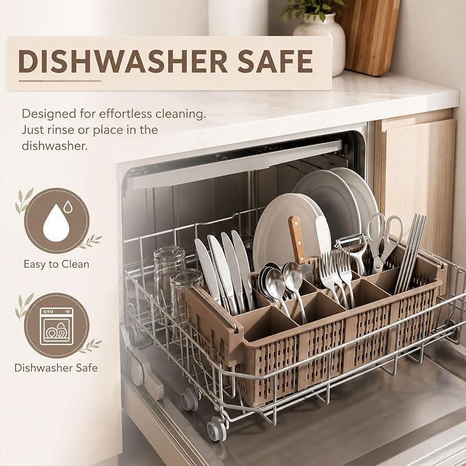 Maxdot 16inch Dishwasher Silverware Cutlery Basket 8 Compartments Washing Basket with Handle Utensil Holder Silverware Drying Rack for Kitchen Commercial (Coffee,Portable)