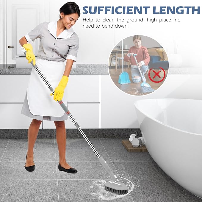 SetSail 4-in-1 Tile Tub Floor Scrubber with 52-inch Long Adjustable Handle Shower Cleaner Brush with V-Shaped Grout Brush and 3 Replacement Brush Heads for Bathroom Kitchen Sink Walls Tub Tile, Grey
