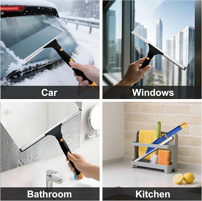 Swivel Shower Squeegee for Glass Doors, All-Purpose Anti-Slip Window Squeegee with 2 Blades, Window Cleaner Tool Bathroom Squeegee for Shower Doors, Tile Shower Walls,Mirrors,Car Windshields
