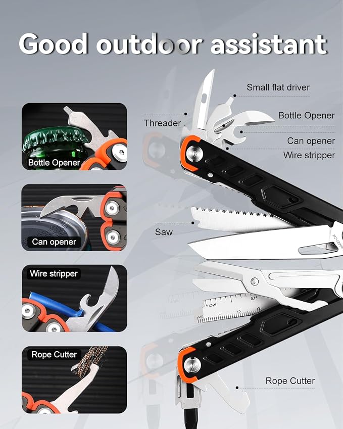15-in-1 Multitool Pliers with Sheath, Stainless Steel, Black | Folding Multi Tool, Needle Nose Pliers & Wire Cutters, Knife, Saw, Screwdrivers, Bottle Opener, EDC Pocket Knife