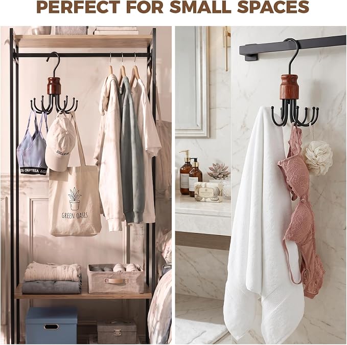 Bra Hanger for Closet Organizer, Space Saving Wooden Tank Top Hangers with 8 Foldable Hooks & Holds 24 Items, 360° Rotating Storage for Bras, Scarves, Belts, Ties and More