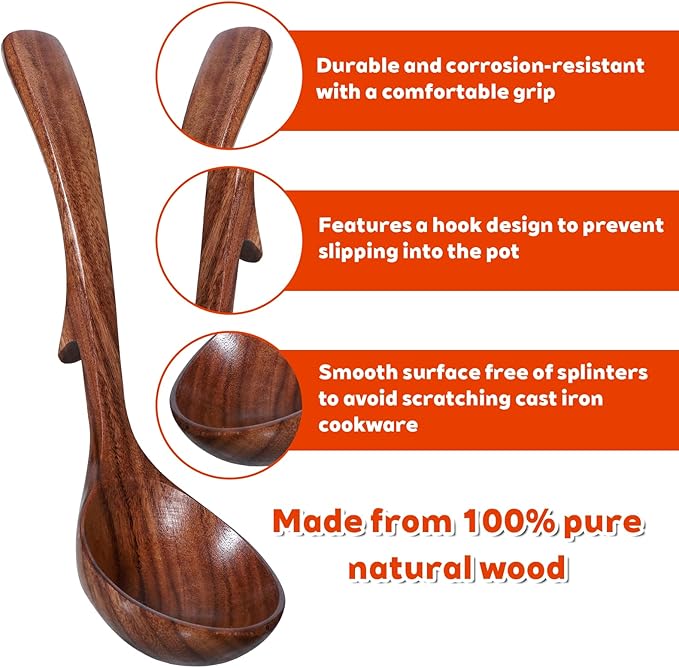 Gravy Ladle, Wooden Ladle for Soup Small 7.87 Inch Gravy Soup Spoon with Back Hooks Kitchen Woodn Scoop Deep Spoon for Spooning Gravies Sauces Porridge Sustainable Natural Texture