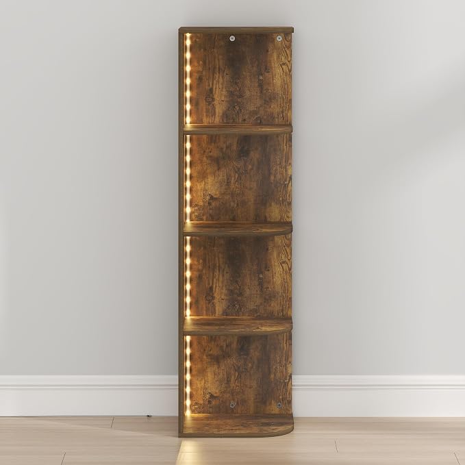 Furinno PASIR Corner Closet Organizer with LED Lights, 4-Tier, Amber Pine | 9.3 x 12 x 41.4, LED Closet Organizers and Storage, Open Shelves Closet Storage for Wardrobe, Bedroom, Entryway