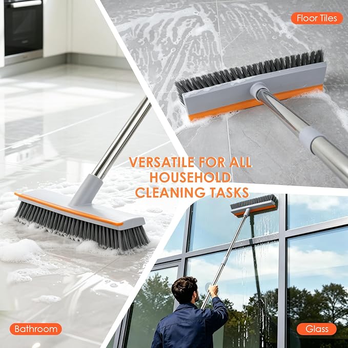 Floor Scrub Brush with 45" Long Handle, 2-in-1 Heavy-Duty Stiff Bristle Scrubber Brush Broom with Scrape Squeegee for Cleaning Bathroom, Shower, Kitchen, Patio, Pool, Garage, Tile, Wall and Deck
