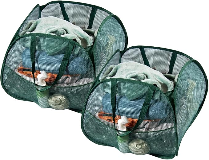 Collapsible Laundry Basket 90L, Mesh Pop-up Hamper, Green 2PCS | Foldable Laundry Basket, Side Storage Pocket, Handles, Dirty Clothes Hamper for Bedroom, Bathroom, Dorm, Travel, Camping