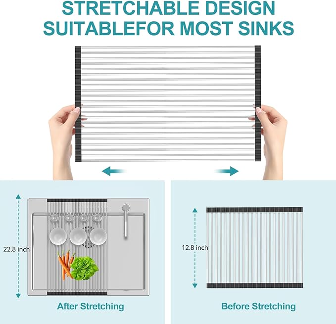 BBXTYLY Extra Large Expandable Roll Up Dish Drying Rack,Over The Sink Drying Rack Sink Cover Kitchen Sink Accessories Kitchen Rolling up Stainless Steel Drainer, Foldable,Rollable(Black,22.8''-17.3'')