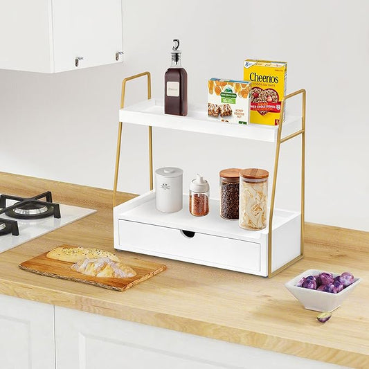 2-Tier Bathroom Organizer Countertop with Drawer, Wood Counter Organizer for Bathroom Decor, Sink Shelf for Vanity Storage, Makeup Tray for Perfume Skincare, Spice Rack Bedroom Kitchen Corner