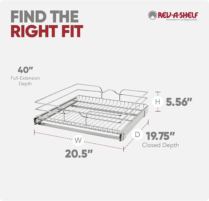 Rev-A-Shelf Steel Wire Pullout Drawer Organizer Shelf for Kitchen Cabinets, Slide Out Storage Basket, Min Opening Width of 20.5", 21" x 20", 5WB1-2120CR-1