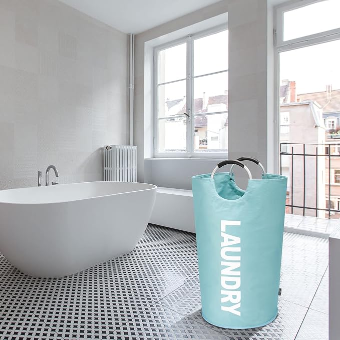 DOKEHOM 90L Large Laundry Basket Bag, Collapsible Tall Hamper, Light Blue | Freestanding tall washing bin & foldable laundry bag. High-capacity clothes storage basket with durable sturdy handles
