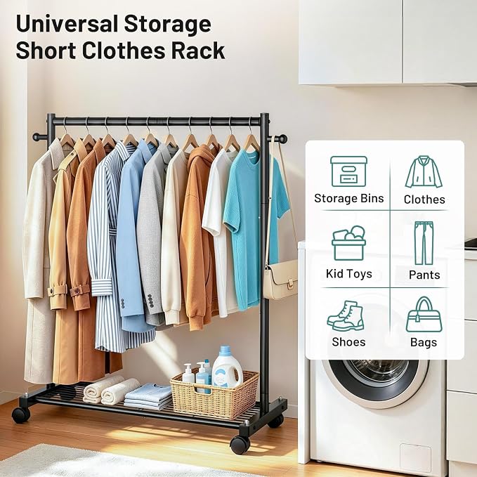 AOODA Short Clothing Rack for Hanging Clothes, Metal Small Clothes racks With Shelves, Heavy Duty Rolling Garment Racks on Wheels for Closet, Wardrobe (Black)
