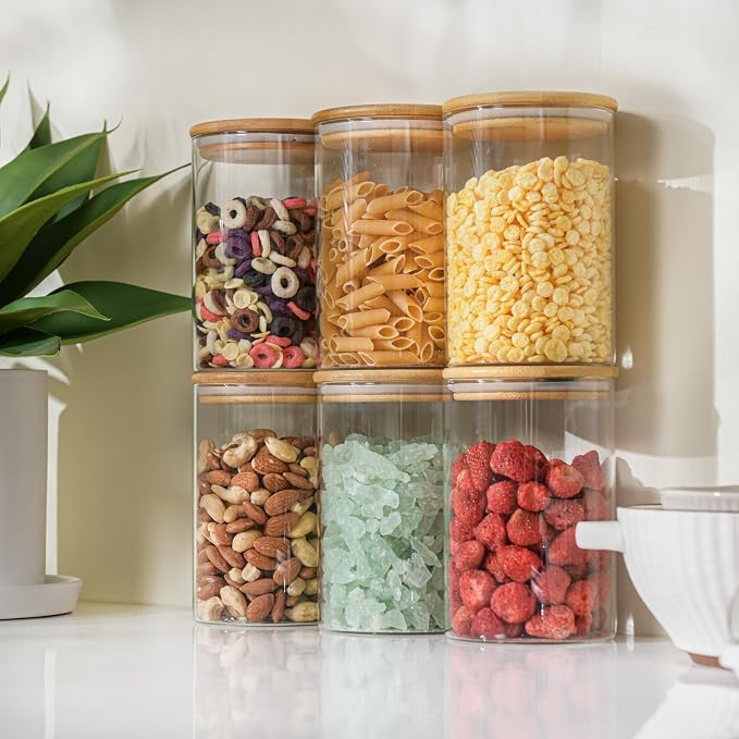 D2scrma 32oz Straight Cylindrical Airtight Storage Containers with Bamboo Lids Set of 6, Round Stackable Canisters, Food Jars, Pantry Organizers for Sugar, Cookies and Coffee beans (with Black Lable)