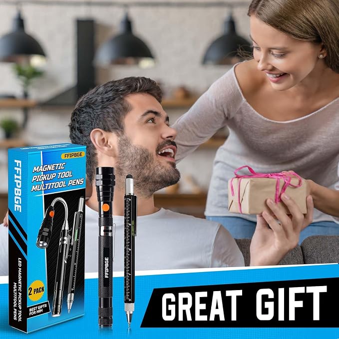 Magnet Pickup Tool with Telescoping Magnetic Flashlight and 6 in 1 Multitool Pen with Rulers, Bubble Level, Screwdrivers, Ballpoint, Fathers Day Dad Gifts, Birthday Gifts for Men, Dad, Husband | Magnetic Flashlight & Multitool Pen with Rulers, Bubble L...