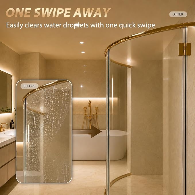 Silicone Shower Squeegee for Shower Glass Doors with Built-in Hook - One-Piece Seamless Bathroom Squeegee, Streak-Free Window Squeegee Cleaner Tool for Mirror, Tile, Countertop, Car Windshield (Black)