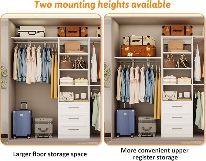 Closet System with 6 Wood Drawers, 5.3FT-8FT-12.3FT Closet Organizer System Storage Storage Adjustable with 6 Cuttable Shelves & 6 Expandable Hanging Rods, Walk in Closet, 2 Sets , White