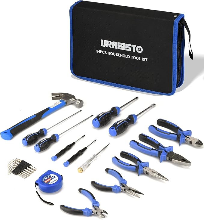 URASISTO 24-Piece Household Tool Kit for Men Repair Hand Tool Set Bag with Hammer, Screwdriver,Pliers, Wrench set with Storage Bag