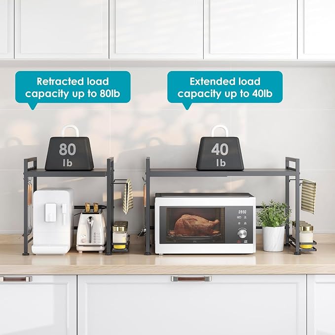 Expandable Microwave Stand Kitchen Countertop Organizer With Storage, Black | Adjustable Microwave Oven Rack Metal Storage Shelf for Pans Small Appliances Kitchen Utensils Tableware, 2-Tier