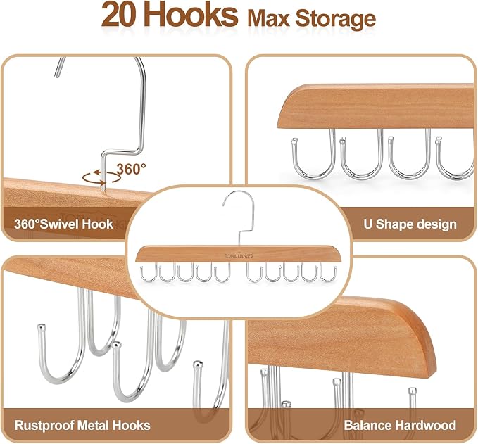 TOPIA HANGER 2 Pack Bra Hanger for Closet, Premium Wooden Tank Top Hangers | 40 Foldable Hooks, 360°Rotating Hooks, Easy to Install, Durable Solid Wood, Space Saving Storage for Tank Tops, Bras, Belts
