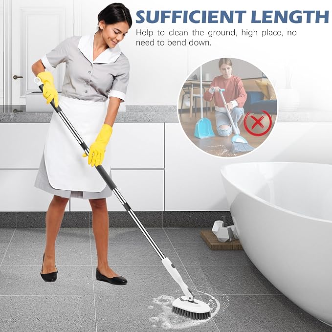 SetSail 4-in-1 Tile Tub Floor Scrubber with 52-inch Adjustable Long Handle Shower Cleaner Brush Comes with Floor Scrub Brush and 3 Replacement Brush Heads for Cleaning Bathroom Tub Tile, White Grey