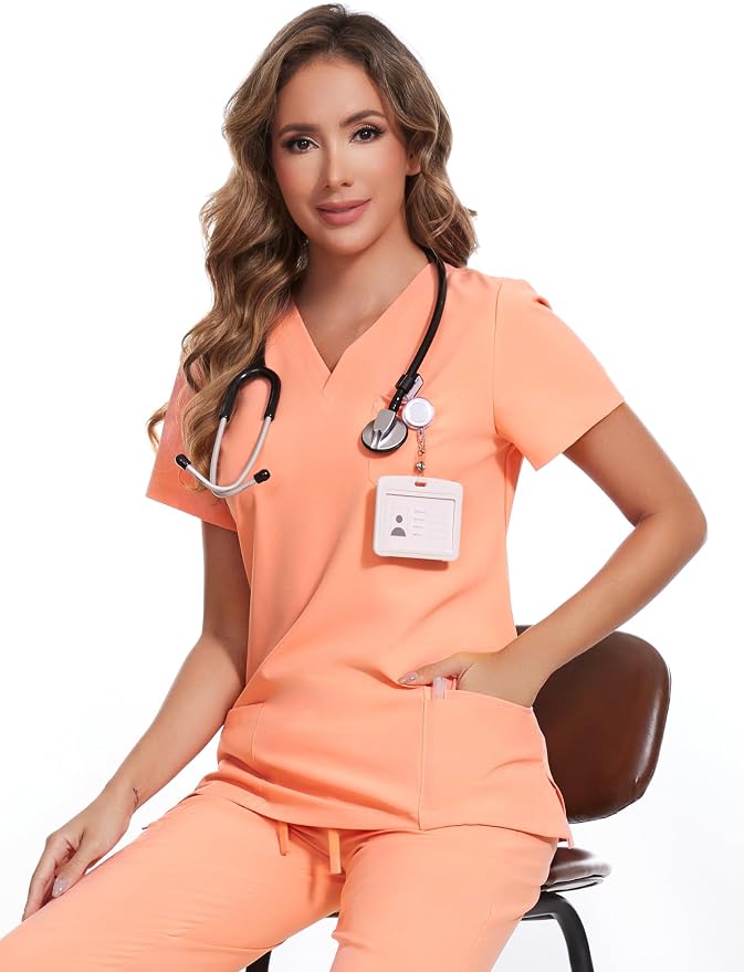 Scrubs Tops for Woman - Soft Stretch, V-Neck Tops | 3 Pockets, Side Split Design, Short Sleeve, Breathable & Lightweight Nursing Shirt, Easy-Care Fabric for All-Day Comfort