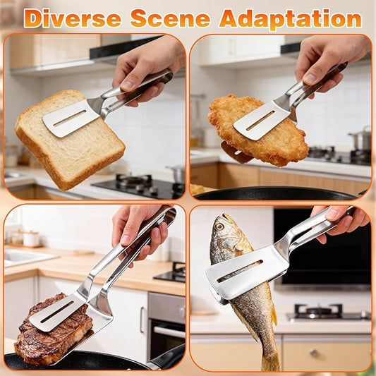 2PCS Mix Stainless Steel Grill Clamp Spatula, Multi-Functional Anti-Scald Extended Handle Spatula Tong, Barbecue Clamp Food with Non-Slip for Picking Up Food, Grilling Meat, Fish and Pancakes