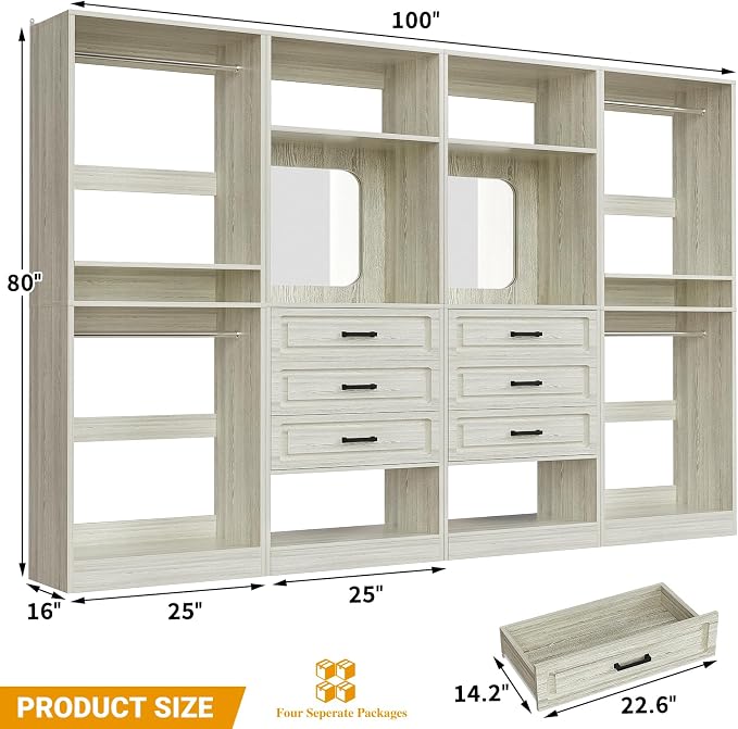Unikito Closet System with Drawers, 100” Wood Closet Organizer with Hanging Rods and Mirror, Large Walk in Wardrobe Garment Rack with Adjustable Shelves, Freestanding Closet Tower, White Oak