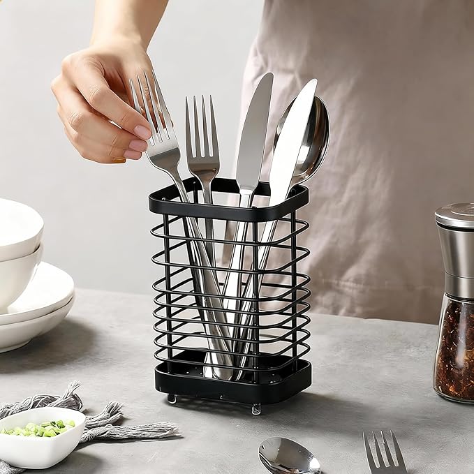 Stainless Steel Utensil Holder & Drying Rack for Kitchen Sink, Wall Mountable and Tabletop Cutlery Drainer Caddy for Spoons, Forks, Chopsticks (black)