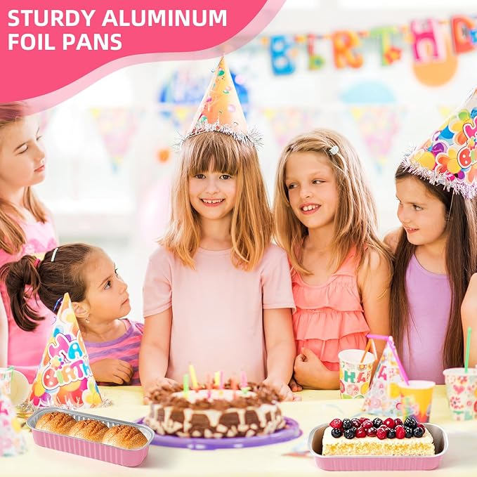 100 Pack 6.8 oz Rectangular Mini Loaf Pans with Lids and Spoons,Disposable Aluminum Foil Mini Cake Pans and Baking Tins with Sealing Stickers, Individual Pink Dessert Containers for Parties