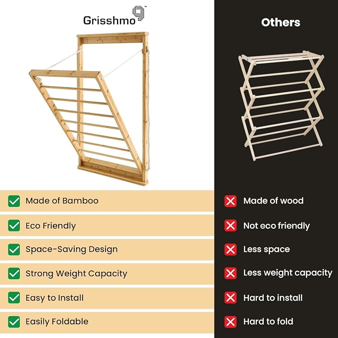 Clothes Drying Rack, Foldable Bamboo Wall Mounted Laundry Rack โ Space-Saving, Drop-Down Design โ 23" Wide, 40.9" High โ Sturdy & Elegant for Home, Laundry Room & Bathroom