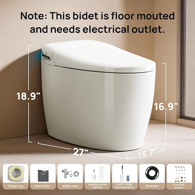 Smart Toilet with Bidet Built-in: Bidet Toilet with Washing Child Friendly Modes, Toilet Bidet with Heated Seat, One Piece Toilet with Warm Water, Dryer, Remote, Foot Sensor, Auto Flush Lid&Seat