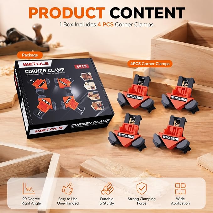 WETOLS 90 Degree Corner Clamp Set, 4 Pcs Adjustable Clamps for Woodworking | 4-Piece Set, 90° Corner Clamps, Fits 3/16"-3/4" Wood, Strong Spring, Easy One-Hand Operation, Durable Polyamide, Gift Box