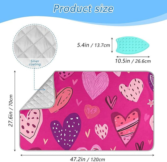 Hot Pink Doodle Hearts Stars Valentine Ironing Mat Portable Ironing Pad Blanket with Silicone Iron Rest for Table Top Travel Heat Resistant Double-Side Using Large 47x28 Inch Foldable