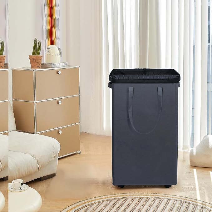 DOKEHOM 90L X-Large Rolling Laundry Basket Hamper on Wheels, Grey | Collapsible clothes hamper with removable mesh wash bag. High-capacity foldable washing bin organizer