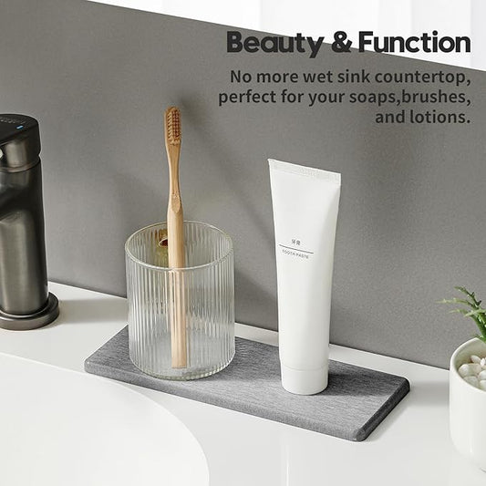 Razborci 2PCS Bathroom Counter Vanity Trays, Water Absorbing Diatomite Stone Quick Drying Mat for Kitchen Sink Counter, Dish Rack Soap Dispenser Sponge Holder Caddy Organizer, Light Gray, 9"x 3.5"