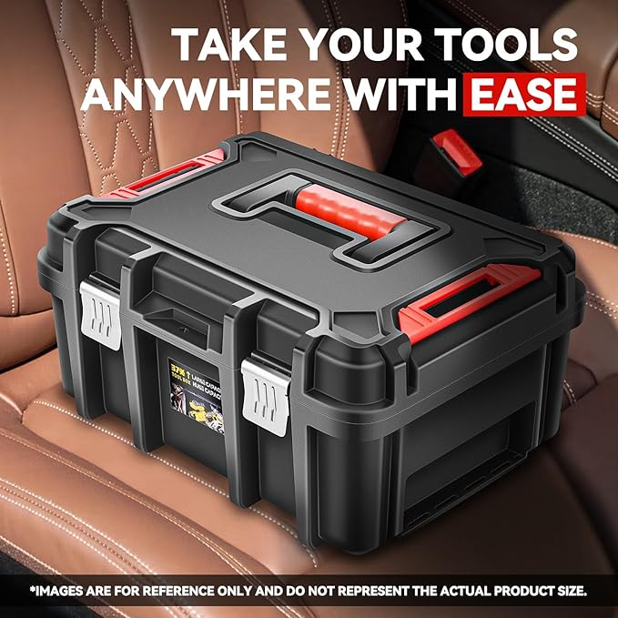Auto Dynasty 17-Inch Tool Box Organizer Toolboxes Storage with Removable Tray and Portable Handle for Garage Workshop Home Office Car Trunk, Black