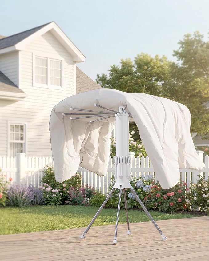 Sakugi Foldable Clothes Drying Rack with 12 Steel Arms, Clips & Shoe Holder | Laundry Room, Bedroom, Outdoor & Indoor Use, Collapsible, Reinforced Frame, 4 Leg Stable Base, White, 44"D x 44"W x 71"H